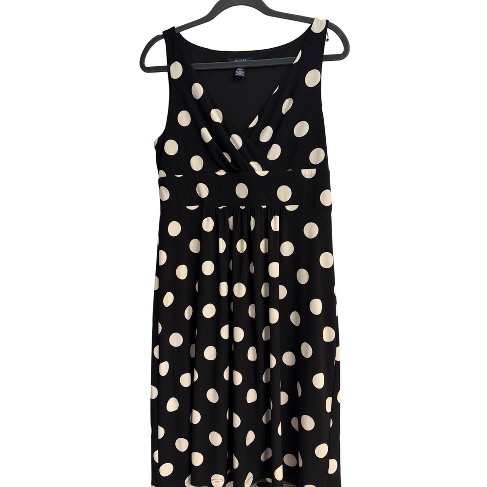 Chaps Black White Polka Dot V-Neck Empire Waist Midi Dress Size Medium Old Money